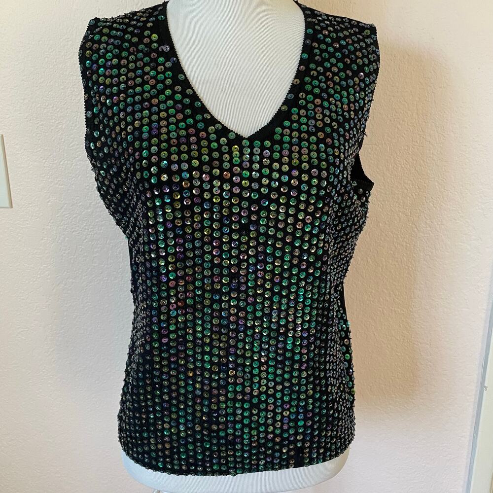 VTG Iridescent Color Shifting Black Sequin Tank Mermaid Festival Desert Glam Top